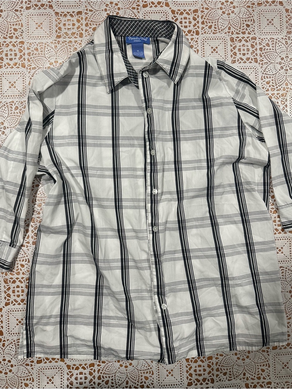 Paradise Bay Plaid Button Front Shirt Black White Cotton Blend Size 14